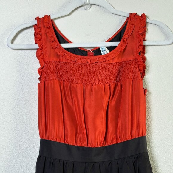 Maeve Anthropologie Horizon Line Scalloped Tiered Dress Size 2 Black Orange Silk - Picture 2 of 15